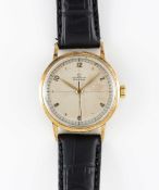 A GENTLEMAN'S 14K SOLID YELLOW GOLD OMEGA CHRONOMETRE WRIST WATCH CIRCA 1944, WITH TWO TONE SILVER