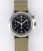 A GENTLEMAN'S STAINLESS STEEL BRITISH MILITARY LEMANIA SINGLE BUTTON RAF PILOTS CHRONOGRAPH WRIST