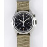 A GENTLEMAN'S STAINLESS STEEL BRITISH MILITARY LEMANIA SINGLE BUTTON RAF PILOTS CHRONOGRAPH WRIST