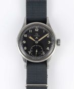 A GENTLEMAN'S STAINLESS STEEL BRITISH MILITARY OMEGA W.W.W. WRIST WATCH CIRCA 1945, PART OF THE "