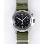 A GENTLEMAN'S STAINLESS STEEL BRITISH MILITARY LEMANIA SINGLE BUTTON RAF PILOTS CHRONOGRAPH WRIST