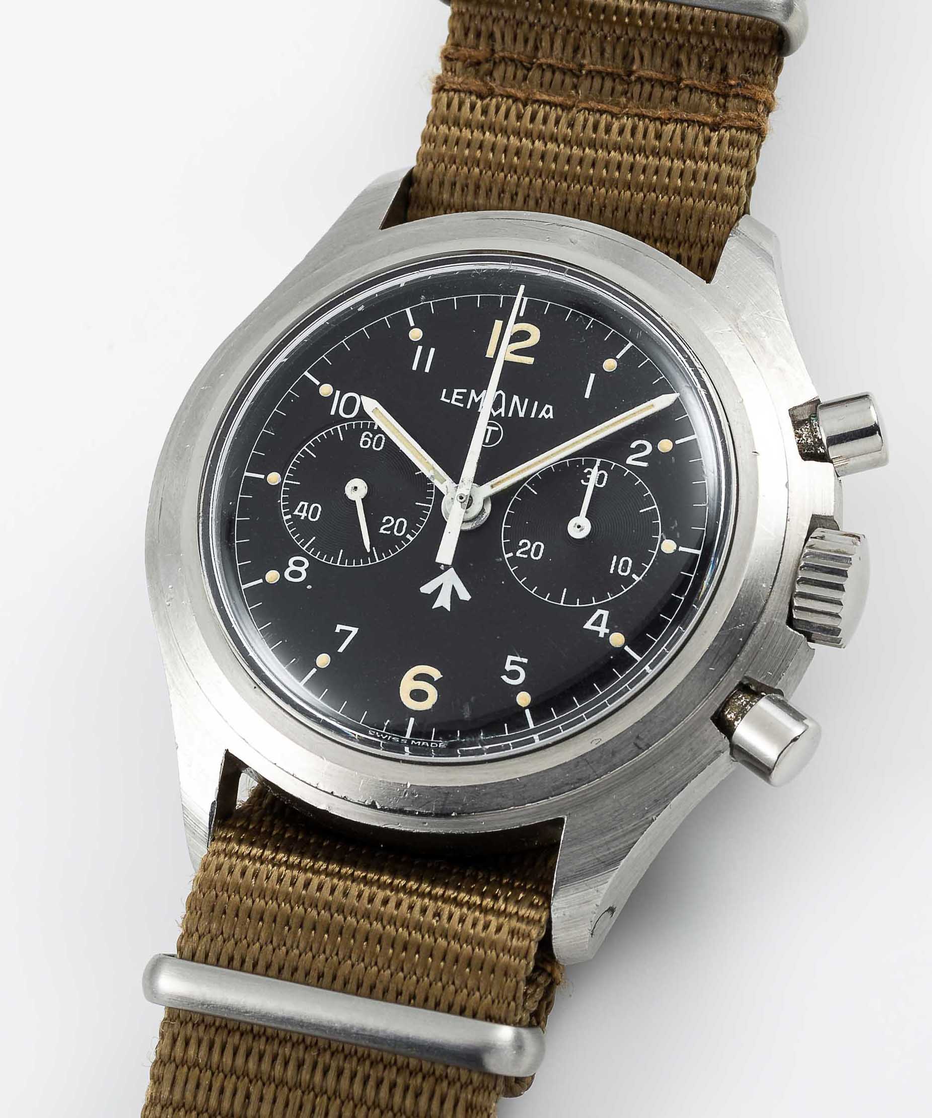 A RARE GENTLEMAN'S STAINLESS STEEL BRITISH MILITARY ROYAL NAVY LEMANIA "DOUBLE BUTTON" CHRONOGRAPH