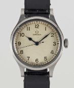 A GENTLEMAN'S STAINLESS STEEL BRITISH MILITARY OMEGA RAF PILOTS WRIST WATCH DATED 1956, WITH