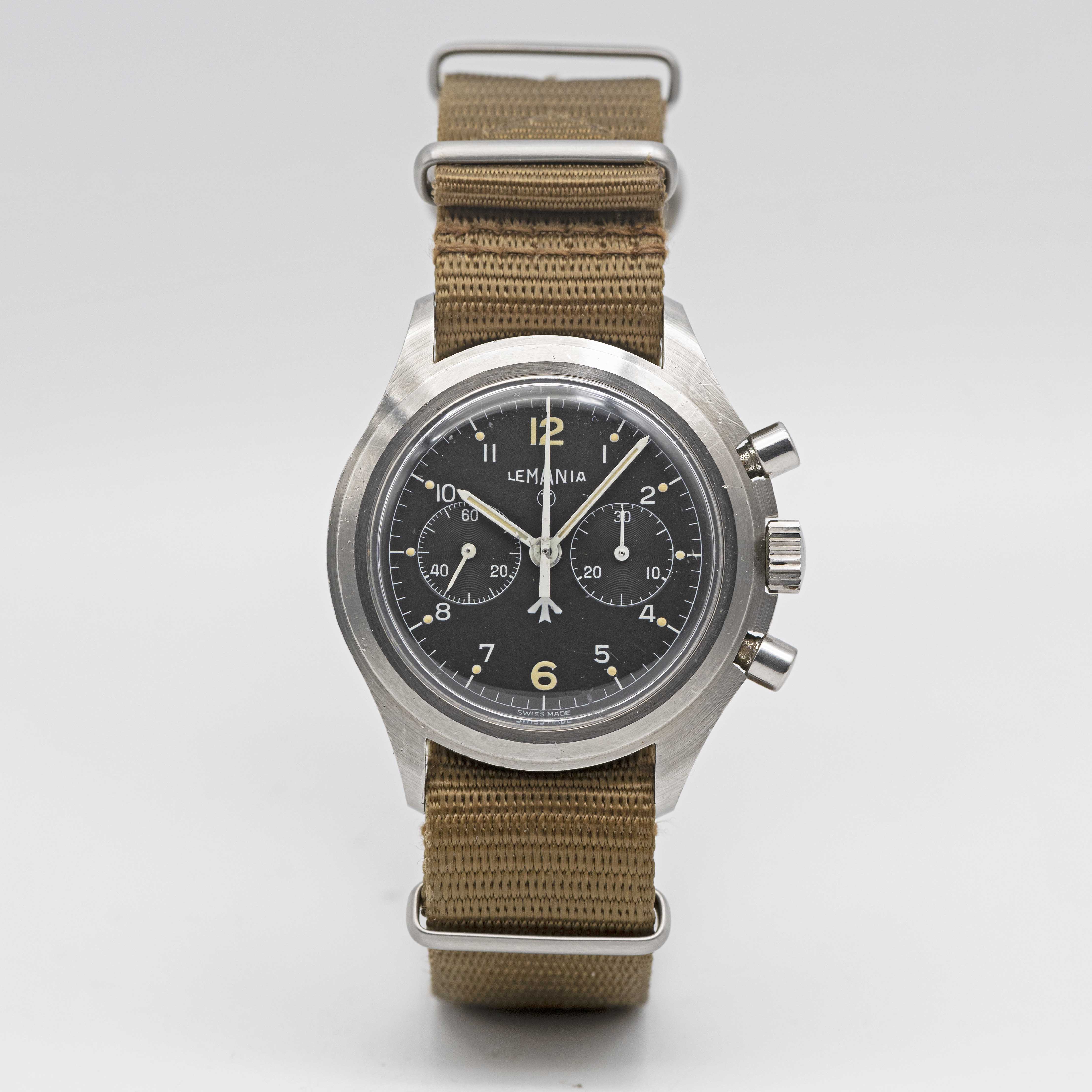 A RARE GENTLEMAN'S STAINLESS STEEL BRITISH MILITARY ROYAL NAVY LEMANIA "DOUBLE BUTTON" CHRONOGRAPH - Image 5 of 11