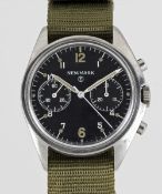 A RARE GENTLEMAN'S STAINLESS STEEL BRITISH MILITARY NEWMARK RAF PILOTS CHRONOGRAPH WRIST WATCH DATED
