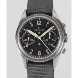 A GENTLEMAN'S STAINLESS STEEL BRITISH MILITARY ROYAL NAVY HAMILTON CHRONOGRAPH WRIST WATCH DATED
