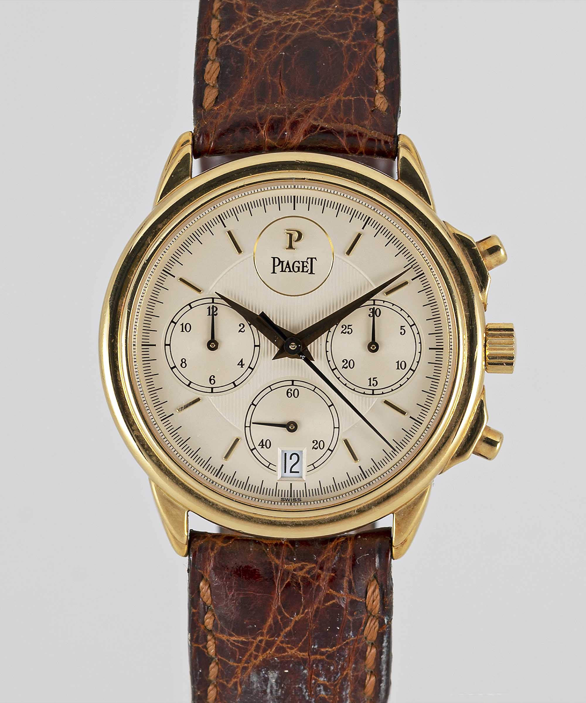 A FINE GENTLEMAN'S 18K SOLID GOLD PIAGET GOUVERNEUR AUTOMATIC CHRONOGRAPH WRIST WATCH CIRCA 1998,