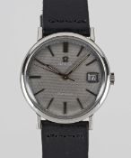 A GENTLEMAN'S STAINLESS STEEL OMEGA GENEVE DATE WRIST WATCH CIRCA 1968, REF. 132.019 WITH GREY