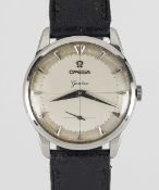 A GENTLEMAN'S LARGE STAINLESS STEEL OMEGA GENEVE WRIST WATCH CIRCA 1950s, REF. 2748-7 WITH TWO TONE
