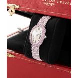 A FINE & VERY RARE LADIES 18K SOLID WHITE GOLD & PINK SAPPHIRE CARTIER BAIGNOIRE BRACELET WATCH