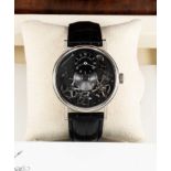 A FINE GENTLEMAN'S 18K SOLID WHITE GOLD BREGUET TRADITION SKELETON POWER RESERVE WRIST WATCH DATED