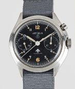 A GENTLEMAN'S STAINLESS STEEL BRITISH MILITARY ROYAL NAVY LEMANIA SINGLE BUTTON CHRONOGRAPH WRIST