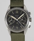 A GENTLEMAN'S STAINLESS STEEL BRITISH MILITARY CWC RAF PILOTS CHRONOGRAPH WRIST WATCH DATED 1974,
