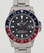 A GENTLEMAN'S STAINLESS STEEL ROLEX OYSTER PERPETUAL DATE GMT MASTER "PEPSI" BRACELET WATCH CIRCA