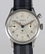 A GENTLEMAN'S STAINLESS STEEL BRITISH MILITARY ROYAL NAVY LEMANIA SINGLE BUTTON CHRONOGRAPH WRIST