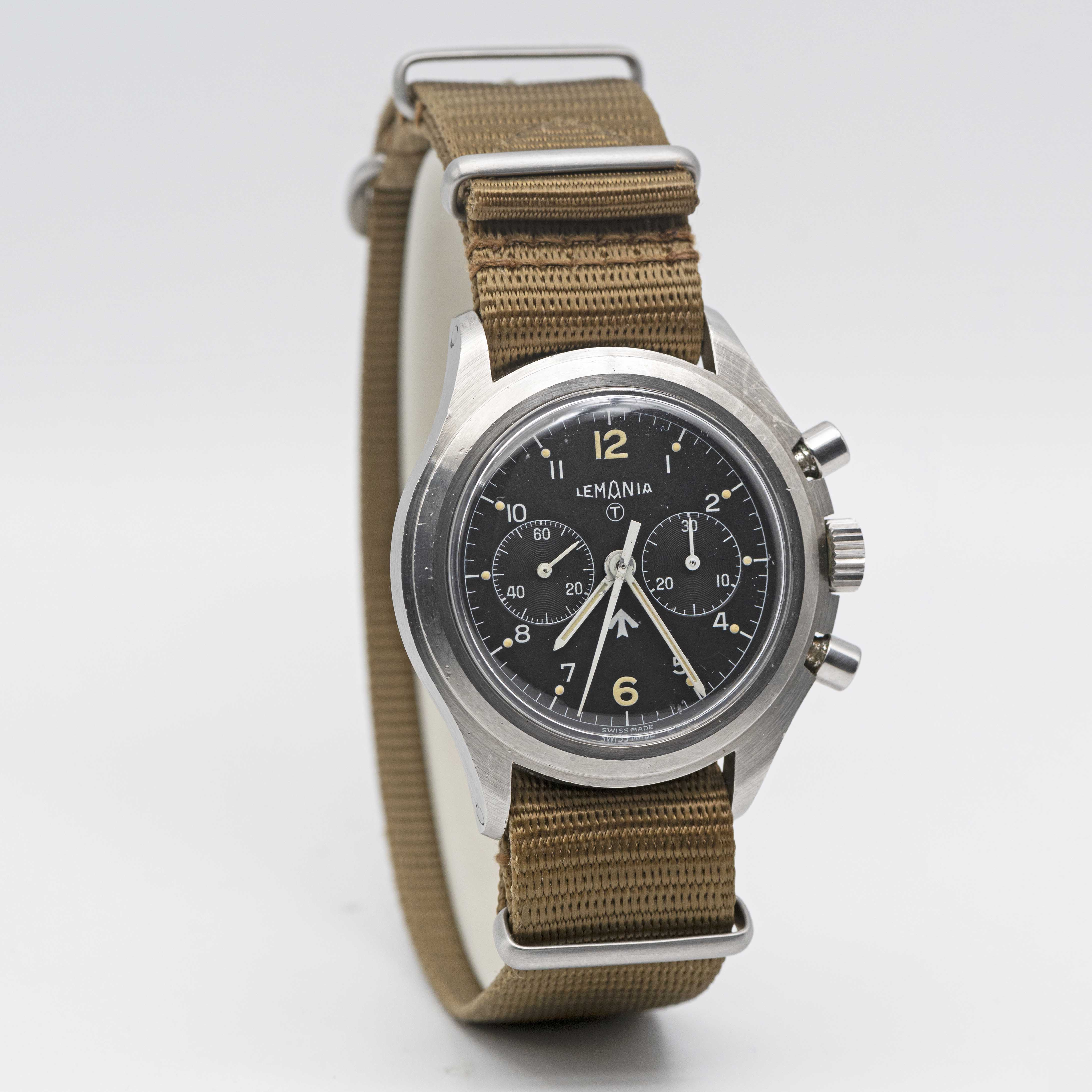 A RARE GENTLEMAN'S STAINLESS STEEL BRITISH MILITARY ROYAL NAVY LEMANIA "DOUBLE BUTTON" CHRONOGRAPH - Image 7 of 11