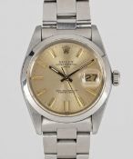 A GENTLEMAN'S SIZE STAINLESS STEEL ROLEX OYSTER PERPETUAL DATE BRACELET WATCH CIRCA 1976, REF.