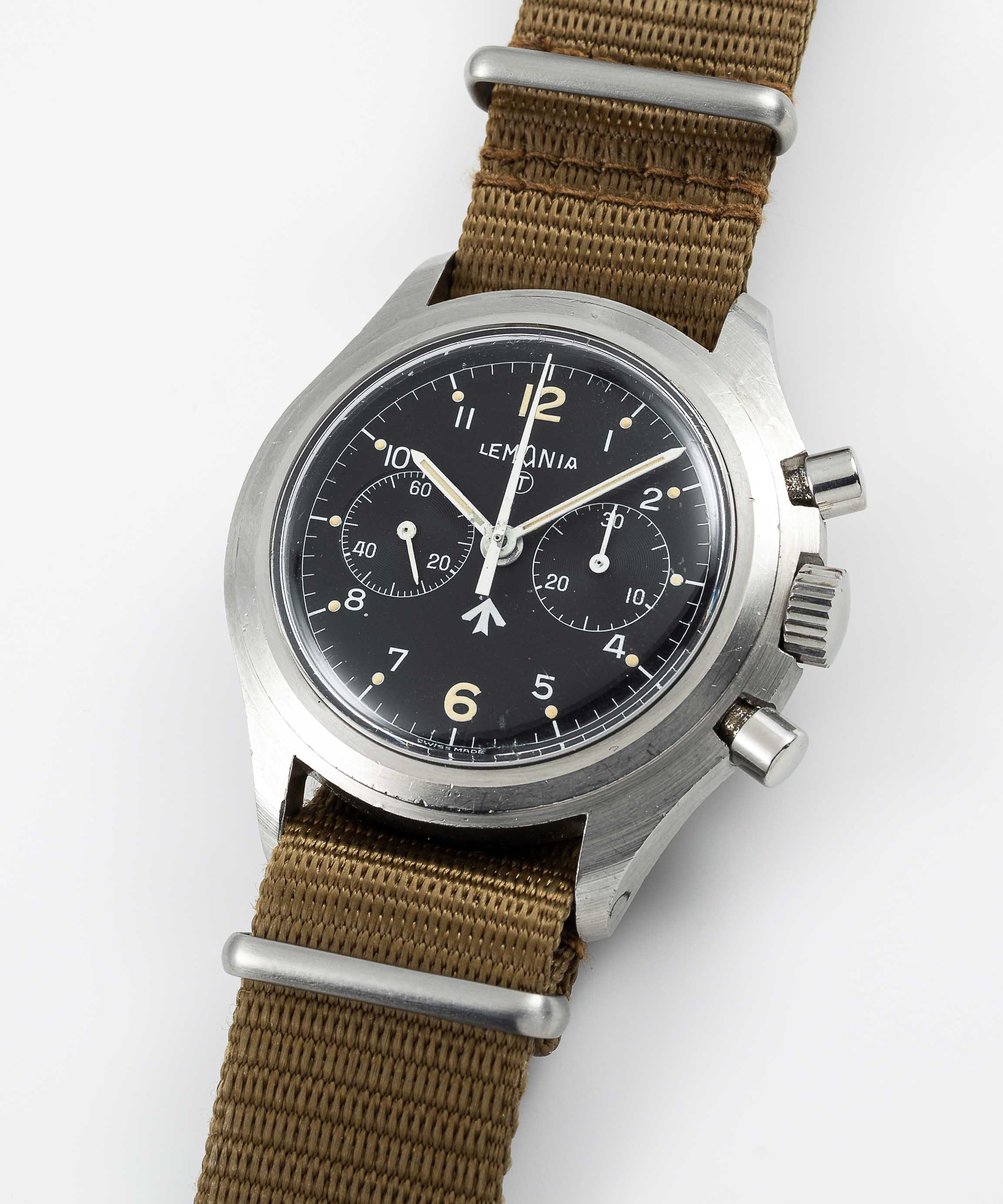 A RARE GENTLEMAN'S STAINLESS STEEL BRITISH MILITARY ROYAL NAVY LEMANIA "DOUBLE BUTTON" CHRONOGRAPH - Image 2 of 11