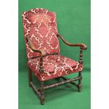 Oak framed open armchair having floral upholstery,