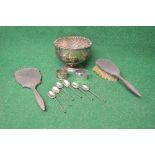 Group of silver items to include: rose bowl, two napkin rings, set of six coffee spoons,