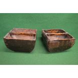 Two square wooden rice buckets each having central carrying handle with metal bindings to corners -