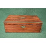 Victorian mahogany travelling writing box having brass bound edges and brass side carrying handles