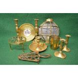 Collection of brassware to comprise: two trivets, chamber stick and snuffer,