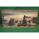 20th century oil on canvas of a village or town on a waters edge,