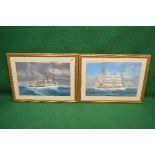Pair of indistinctly signed watercolours of three masted ships,