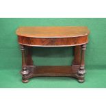 Victorian mahogany D shaped side table the top having chamfered edge over single small drawer,