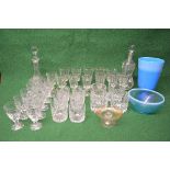 Group of glassware to include: various stemmed drinking glasses and tumblers together with two