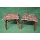Pair of low oak plant stands having square tops with circular carved decoration,