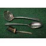 Early silver sifter spoon, marked for London together with an early silver table spoon,