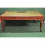 19th century mahogany six drawer library table the top having moulded edge and green leather insert