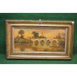 Unsigned oil on board of an arched bridge over river with fisherman on the bank and house visible