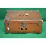 Canvas covered travelling trunk having leather bound corners with side leather carrying handles