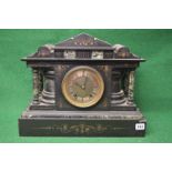 8 day slate and marble mantle clock having silvered dial with Roman Numerals and black metal hands