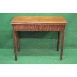 19th century mahogany fold over tea table having single right hand drawer with brass handle,
