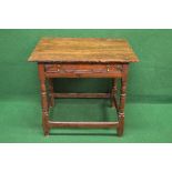 19th century oak single drawer side table having three plank top over single drawer with brass drop