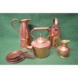 Group of copper ware to comprise: jug, kettle,