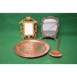 Small group of metalware to include: pierced free standing picture frame,