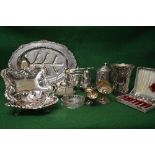 Large collection of silver plate to include oval reservoir meat plate, lidded biscuit barrel,
