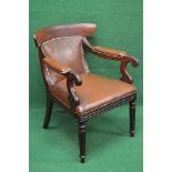 19th century mahogany open desk chair having curved top rail over a leather padded back,