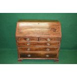 19th century mahogany and cross banded bureau having fall front opening to reveal fitted interior