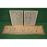 Pair of Oriental silk panels having floral borders surmounting central panel decorated with flowers