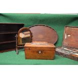 Rosewood tea caddy having side carrying handles opening to reveal two lidded tea boxes,