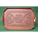 Mahogany serving tray having carved decoration surmounted by a raised gallery with brass mounts and