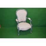 Painted French open armchair having upholstered padded back,