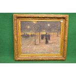 Unsigned 20th century oil on canvas of a street scene with figures walking beneath street lights