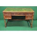 Oak writing desk having green leather insert over single central drawer with brass handles (one